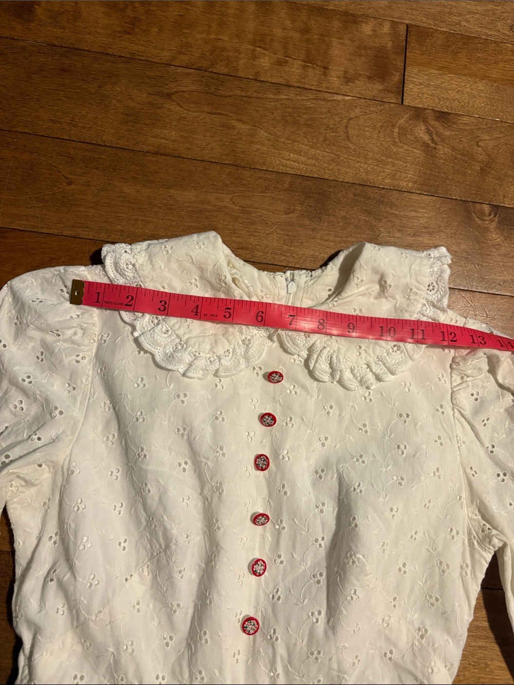Vintage White Eyelet Maxi Dress with Red Floral Buttons and Ruffle Collar - Picture 5 of 13